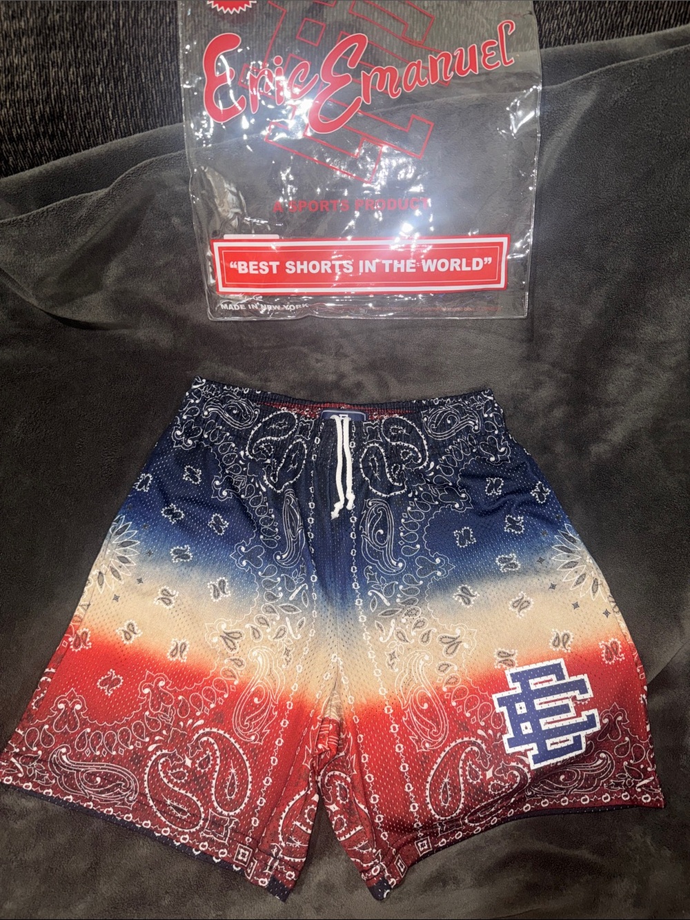 Eric Emanuel Red White Blue Bandana Gradient Athletic Shorts. Brand new in bag!